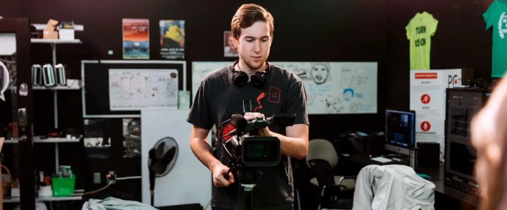 A student sets up a camera